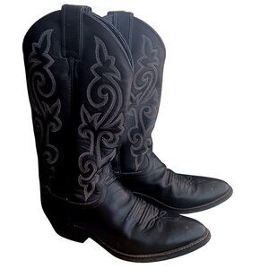 7.5 D Tony Lama Cowboy Boots Black Leather Western Stacked Heel Mexico Mens